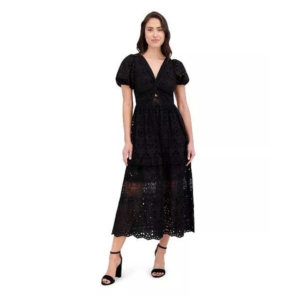 Siena Women Midi Dress 2 Black Eyelet Puff Sleeve Cutout Tiered SAUP2544